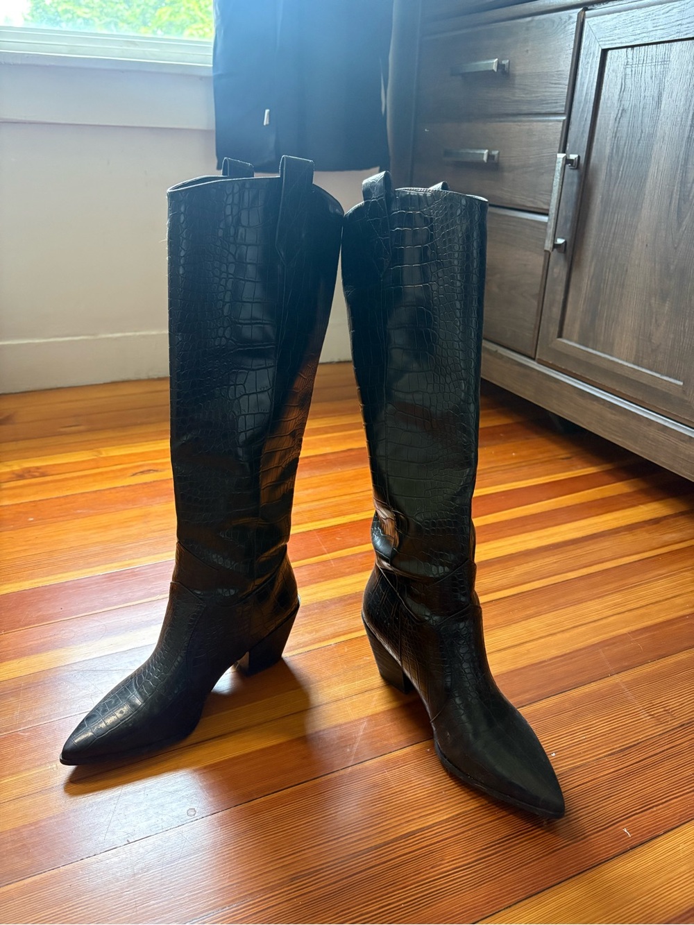 Princess Polly Black Croc-Embossed Knee Boots with Pointed Toe